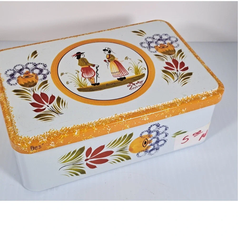 Vintage Massilly France HB Henriot Quimper Tin Folk Art Breton Couple Hinged Lid